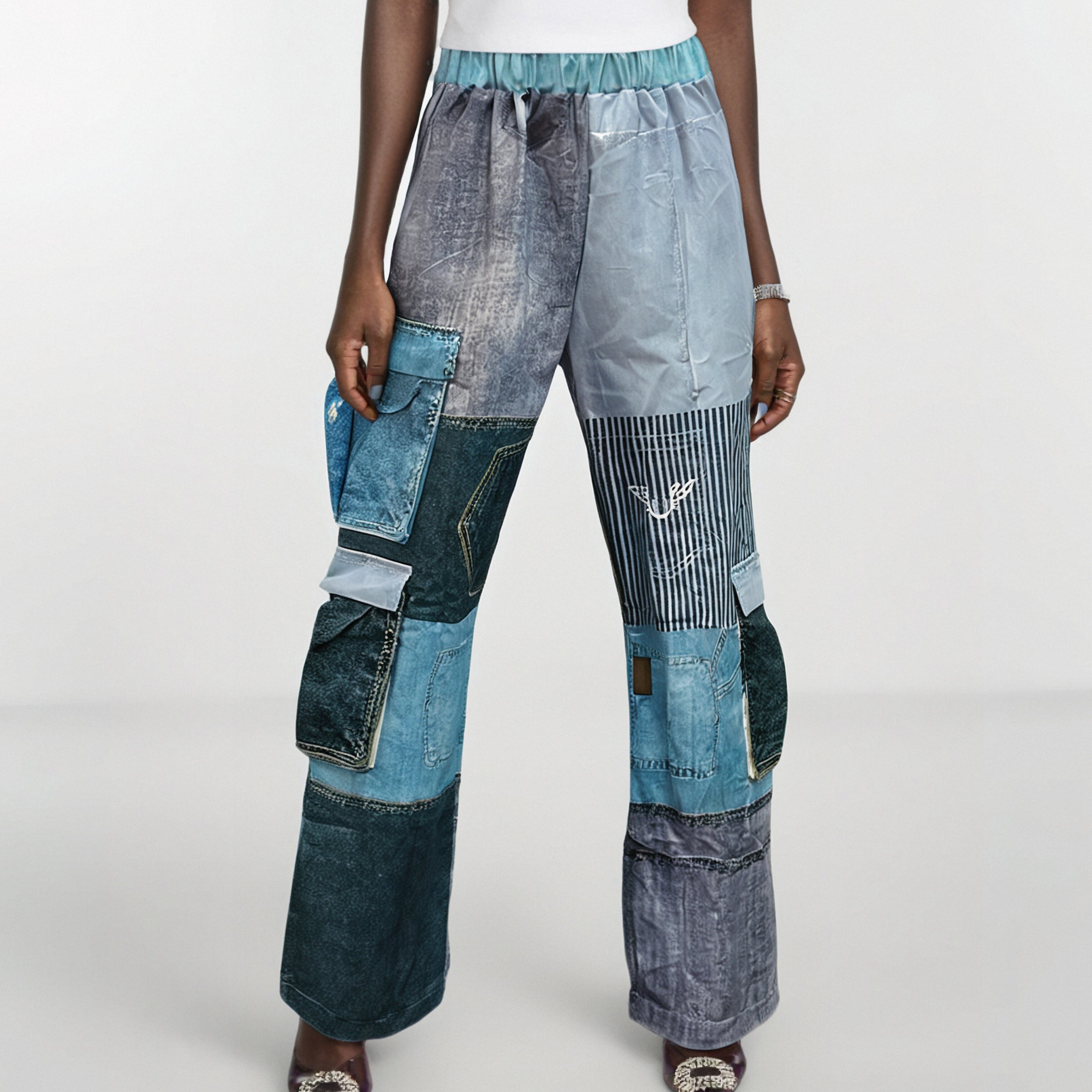 Pantalon femme tendance – taille haute, poches 3D, patchwork bicolore, large
