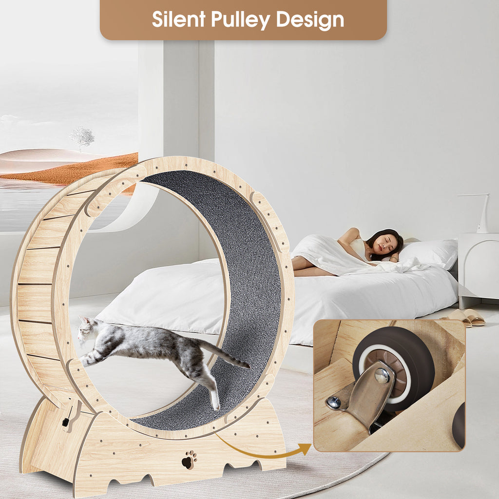 Roue d'exercice pour chats d'intérieur, tapis de course pour chat avec piste moquettée 94 cm - Bois naturel