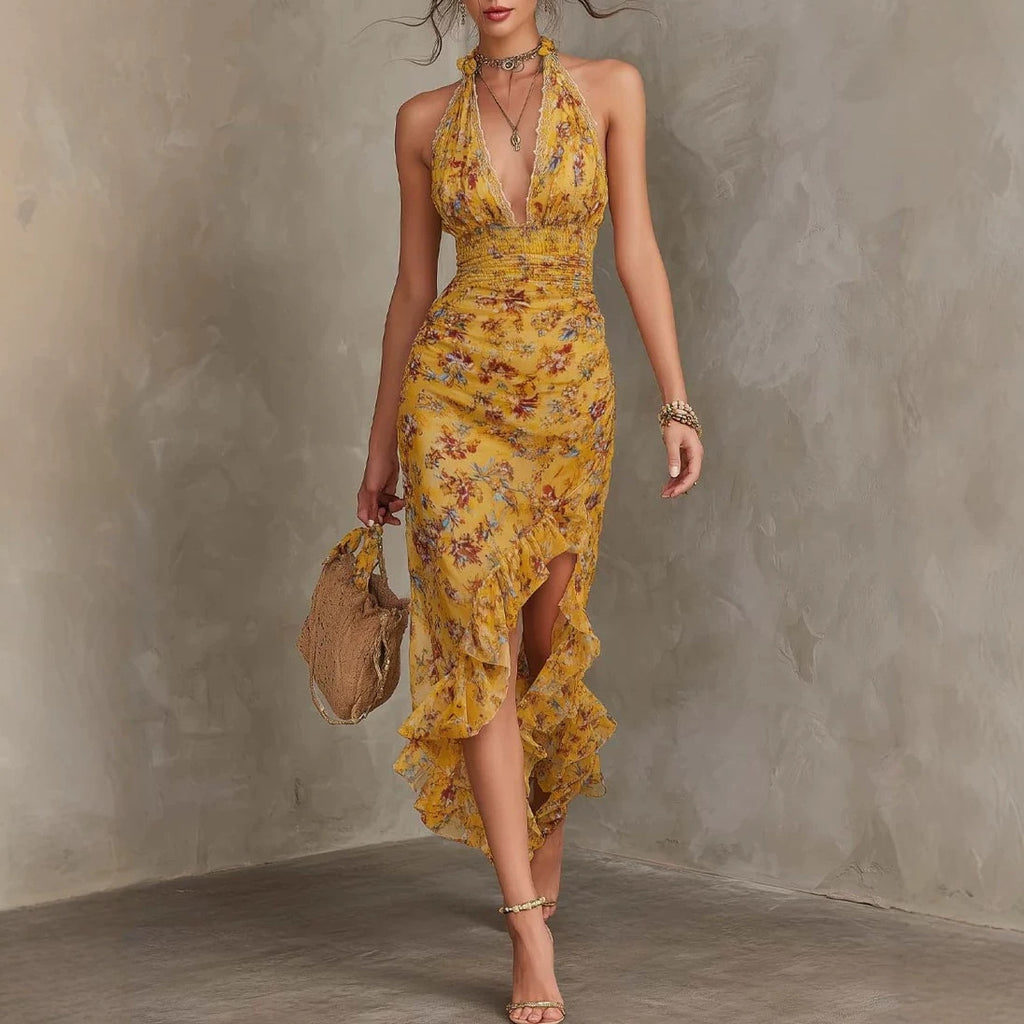 Robe française vintage jaune à fleurs – Encolure haltère, décolleté plongeant, taille ceinturée, fente, volants, coupe affinante et élégante