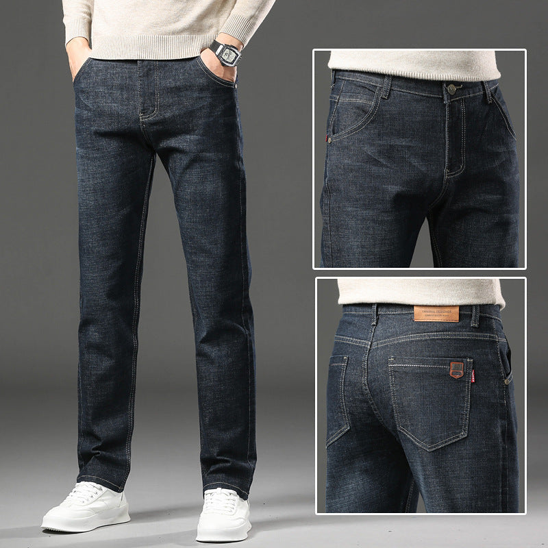 Regular fleece lamb comfortable pants men's business stretch slim straight leg jeans men's style