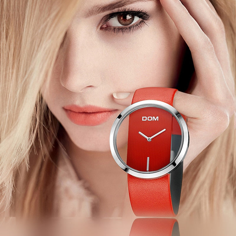 Montre Élégante Femme DOM Décontractée Étanche 30m Quartz Bracelet en Cuir Véritable