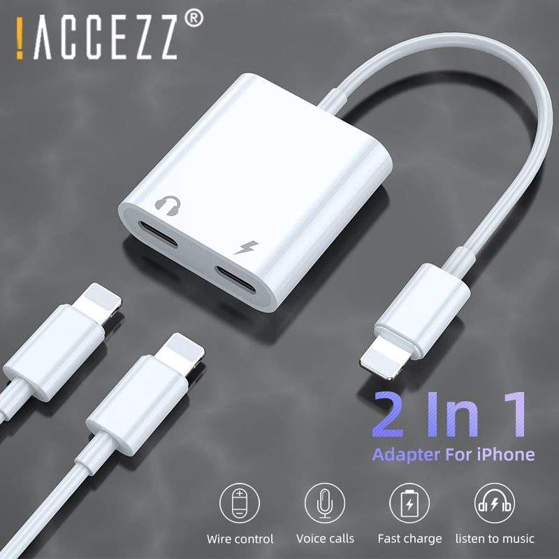 2 in 1 Audio Charge Adapter For iPhone 7 8 Plus X XS XR MAX Dual Lightning 3.5mm Jack