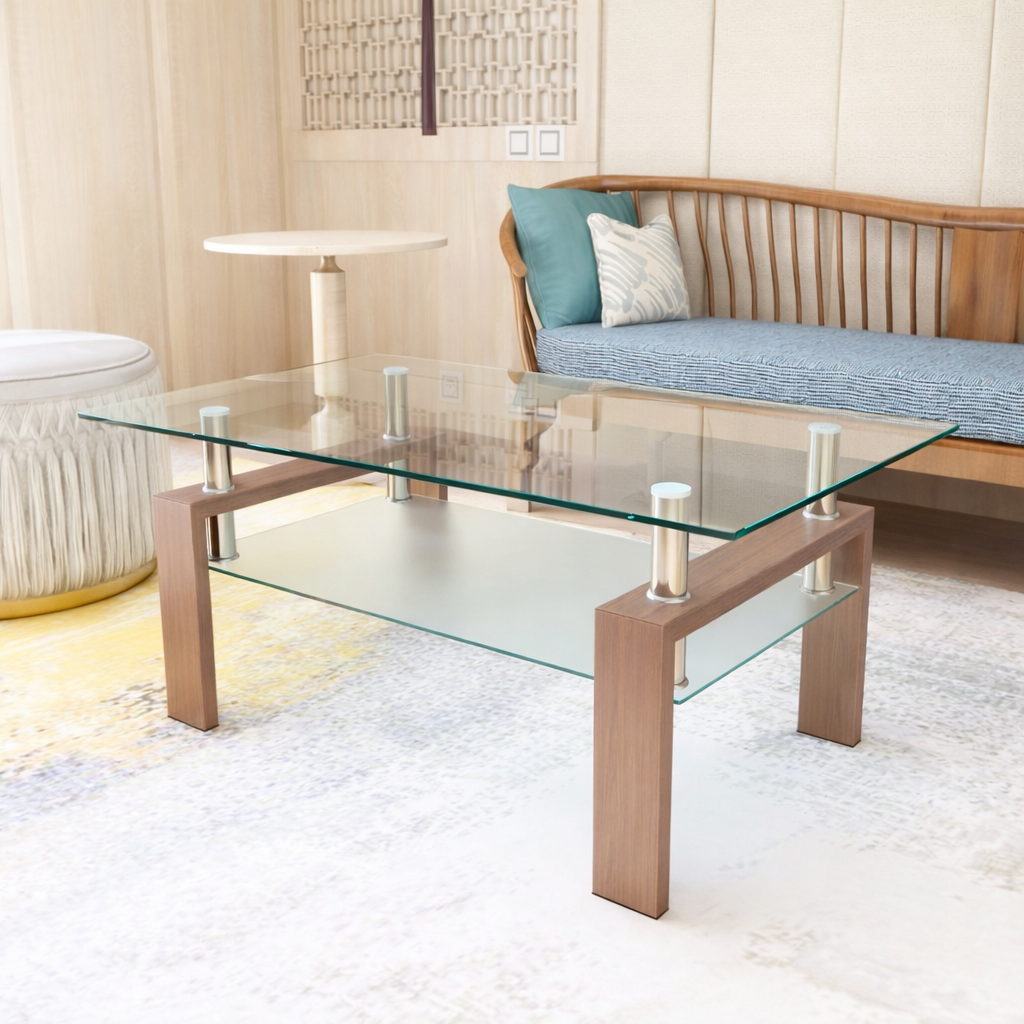 Rectangle Walnut Glass Coffee Table, Clear Coffee Table, Modern Side Center Tables for Living Room, Living Room Furniture