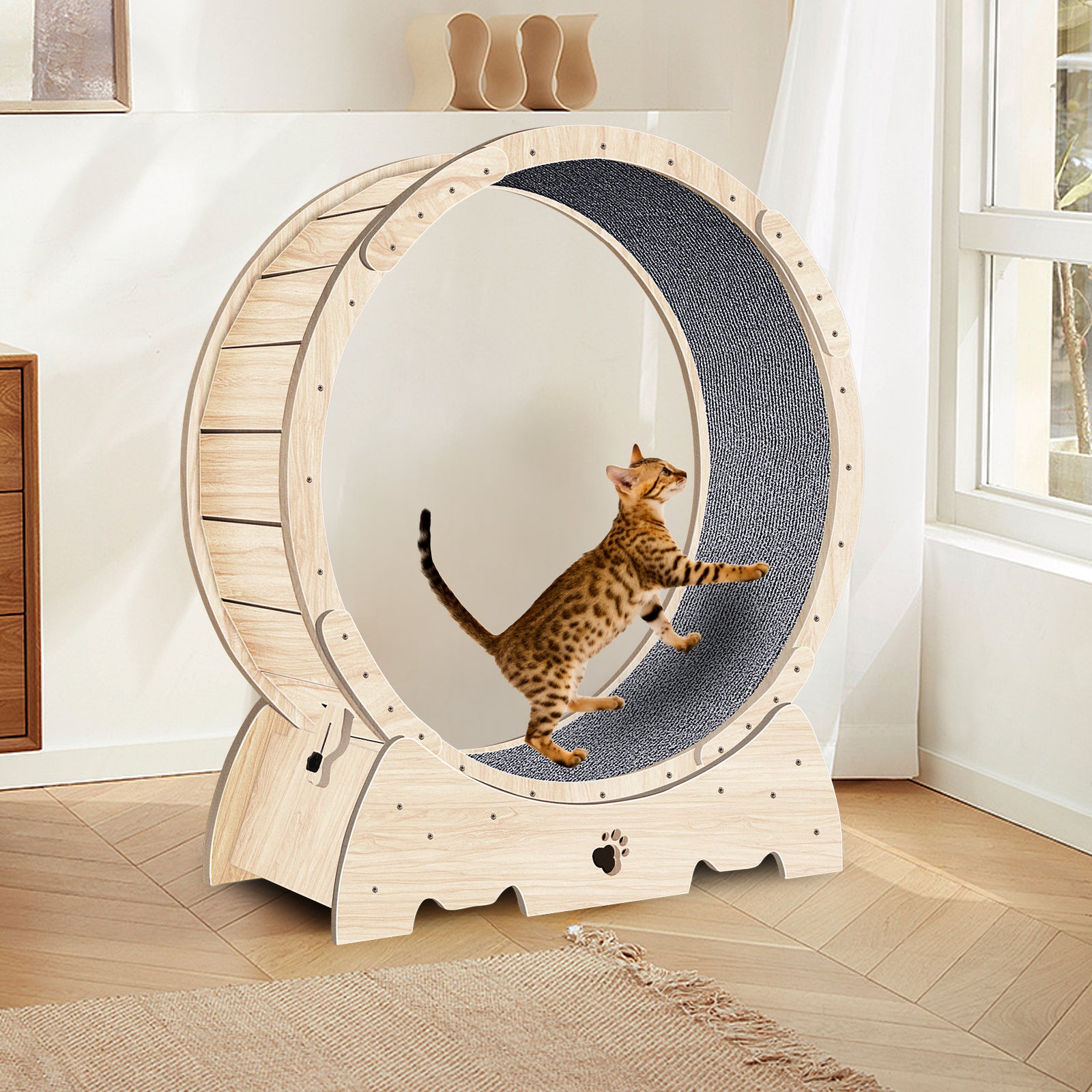 Roue d'exercice pour chats d'intérieur, tapis de course pour chat avec piste moquettée 94 cm - Bois naturel