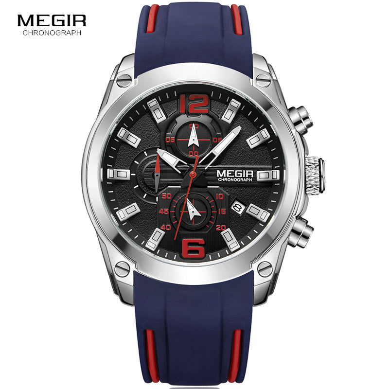 Megir Men's Chronograph Analog Quartz Watch with Date, Luminous Hands, Waterproof Silicone Strap