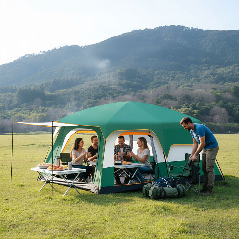 Tente de camping familiale tunnel à double couche, 2 chambres, pour 3 à 12 personnes – Imperméable, coupe-vent et résistante aux UV