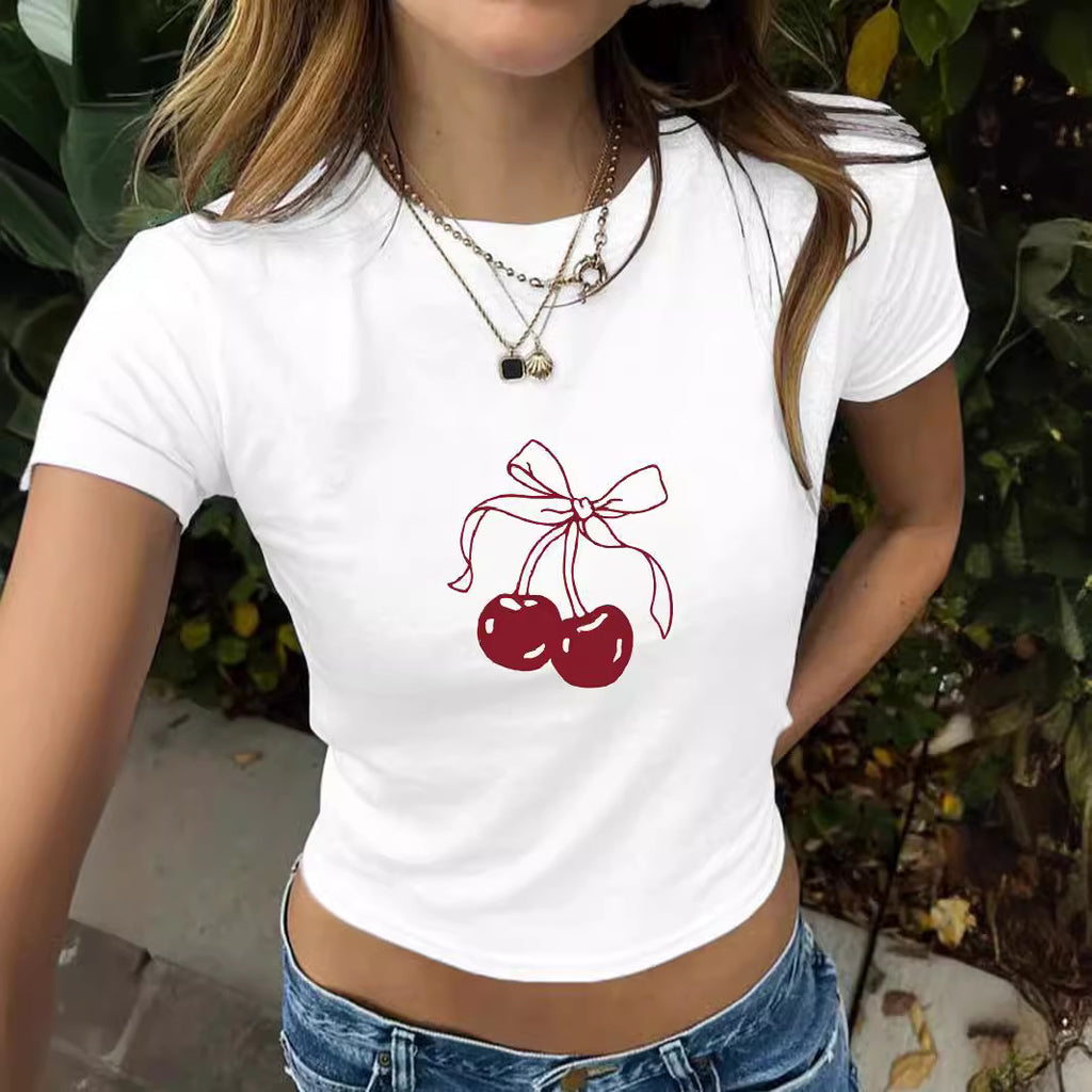 Round neck short cherry short sleeved shirt