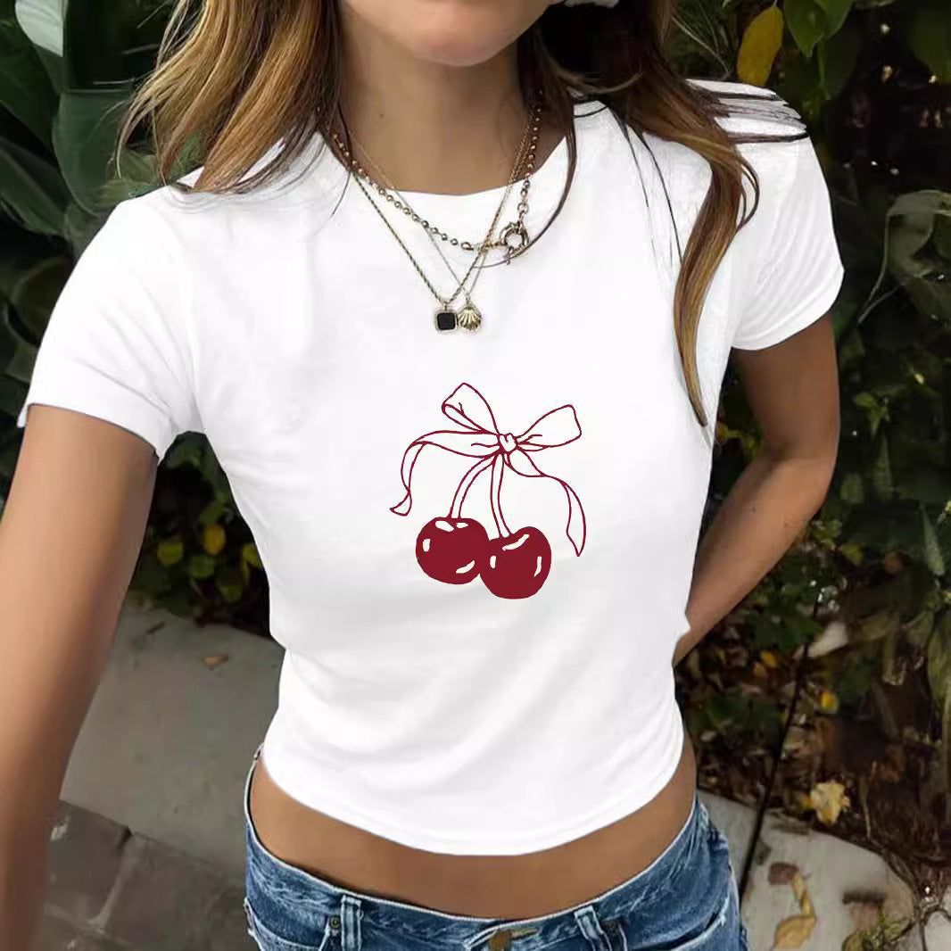 Round neck short cherry short sleeved shirt
