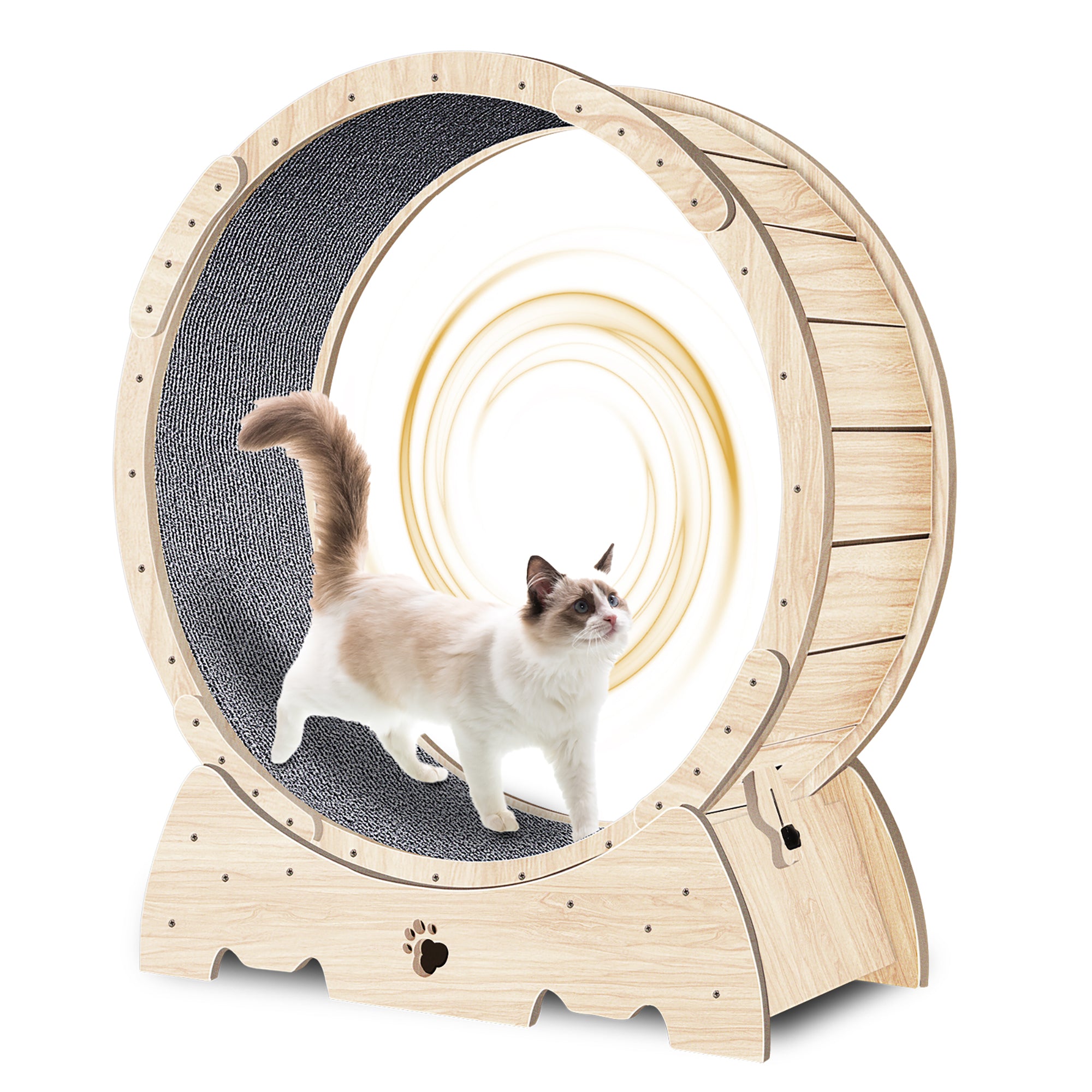 Roue d'exercice pour chats d'intérieur, tapis de course pour chat avec piste moquettée 94 cm - Bois naturel