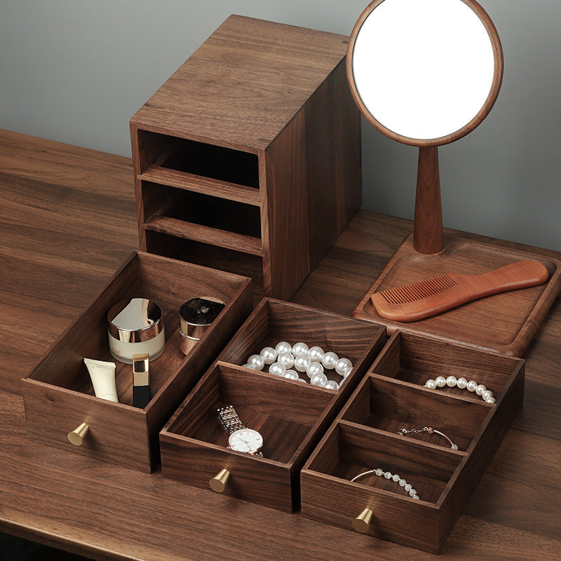 Boîte de rangement de bureau à tiroir en bois massif – Petite armoire en bois de noyer noir