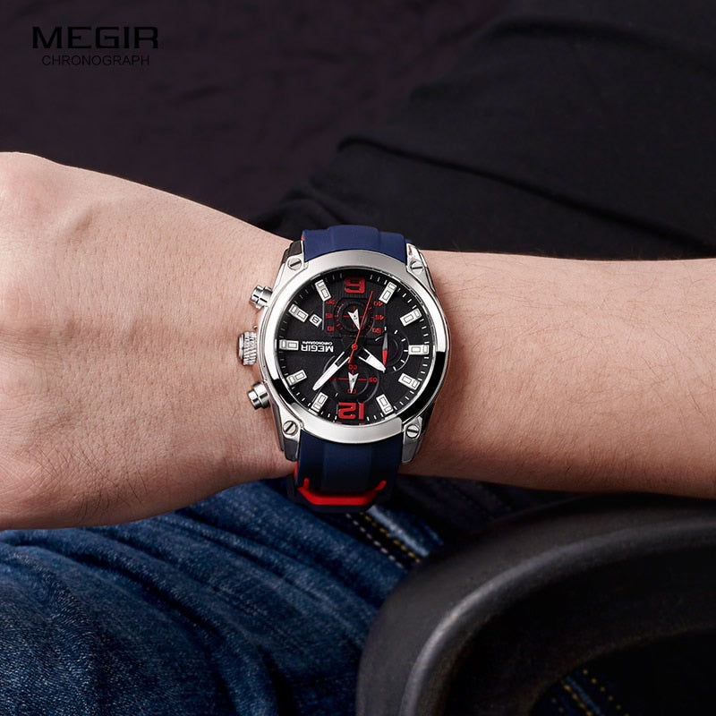 Megir Men's Chronograph Analog Quartz Watch with Date, Luminous Hands, Waterproof Silicone Strap