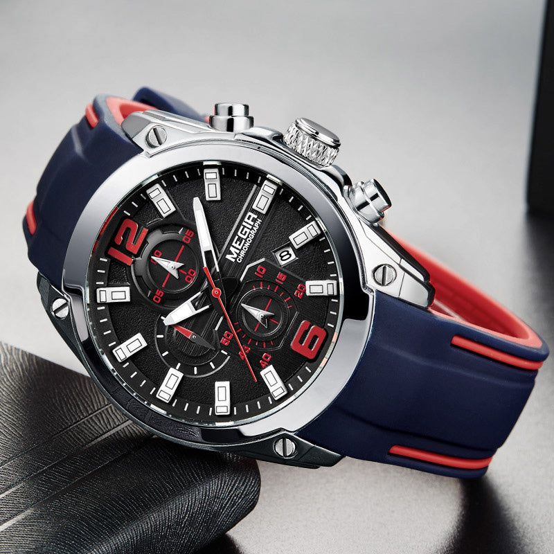 Megir Men's Chronograph Analog Quartz Watch with Date, Luminous Hands, Waterproof Silicone Strap