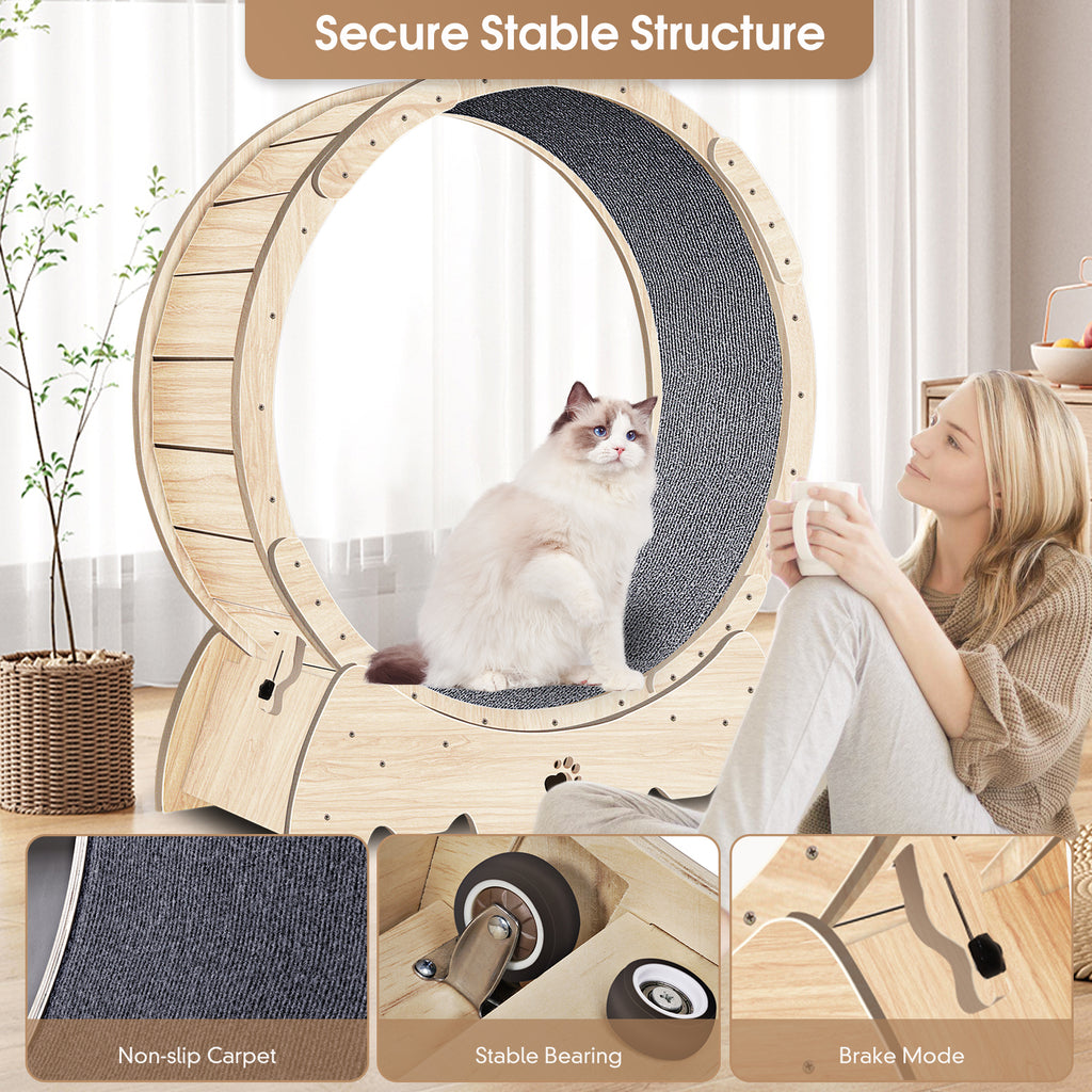 Roue d'exercice pour chats d'intérieur, tapis de course pour chat avec piste moquettée 94 cm - Bois naturel