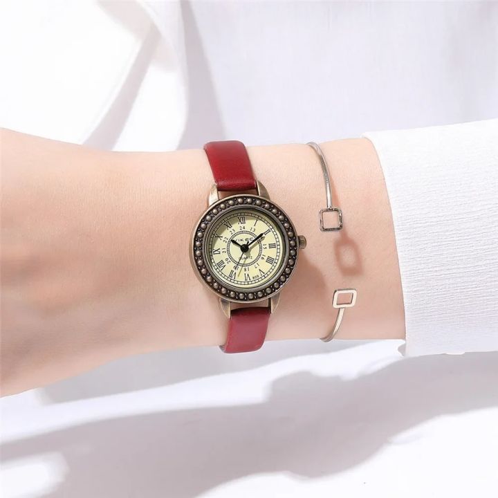Montre en cuir vintage pour femme, marron, rétro, à quartz Roma