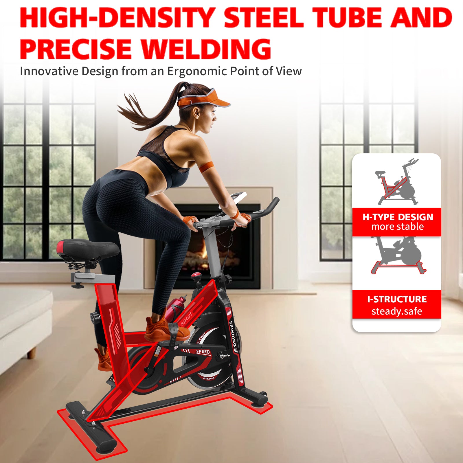 Vélo d'intérieur pour exercice avec selle confortable - Noir et Rouge