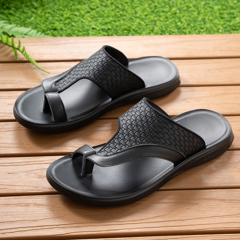 Woven Pattern Men's Slippers Summer Toe-Loop Slip-On Non-Slip Beach