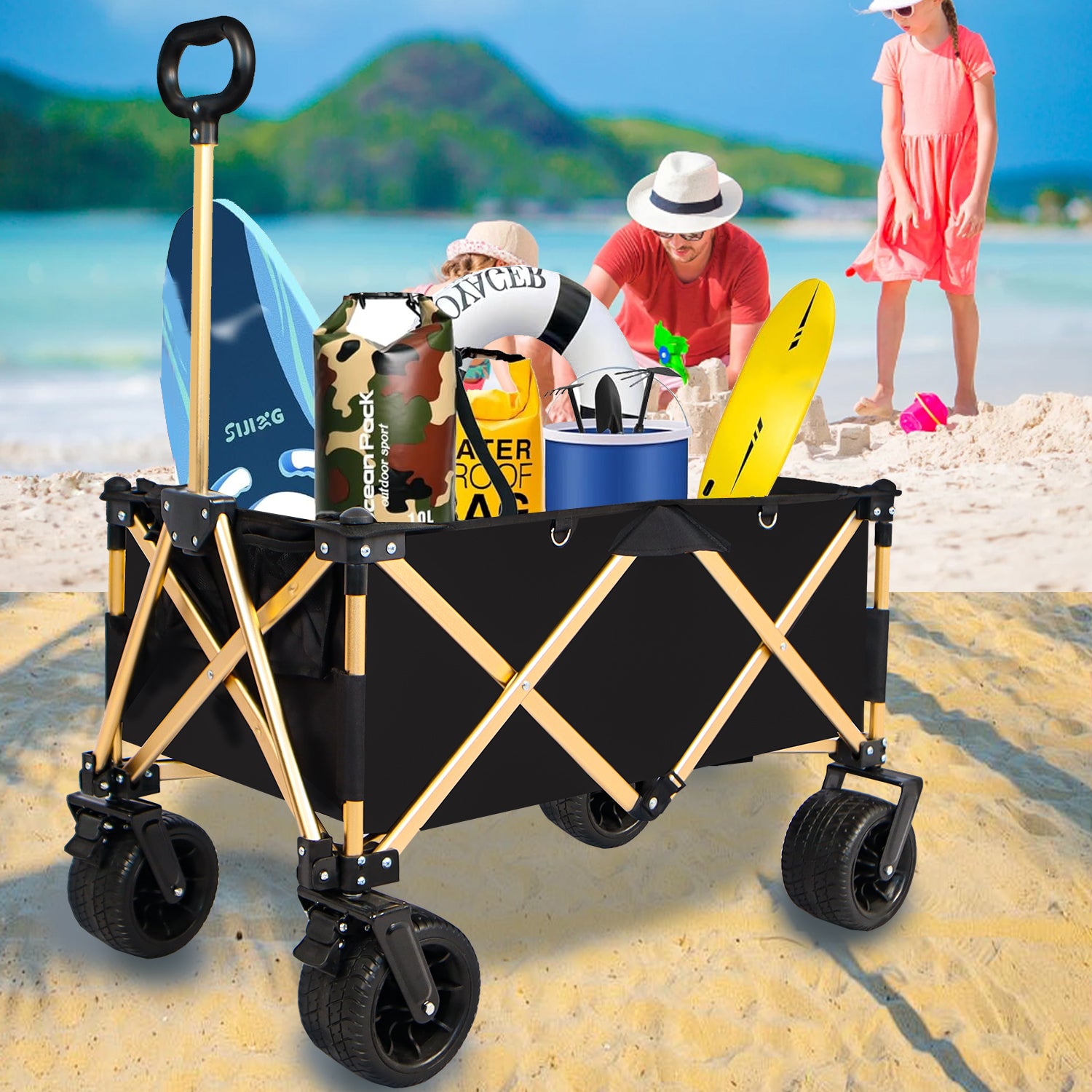 Chariot de plage pliant robuste – Utilitaire pour sable avec grandes roues