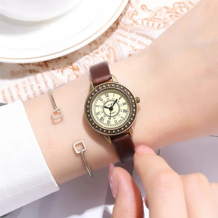 Ladies vintage leather watch brown retro roma quartz