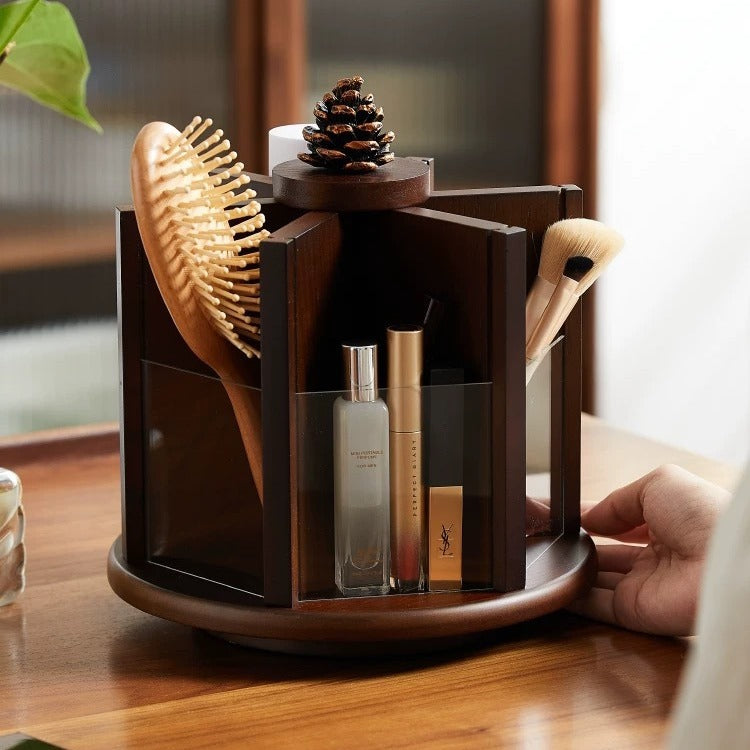 Boîte de rangement en noyer élégante et rétro, organisateur rotatif de cosmétiques et de soins de la peau