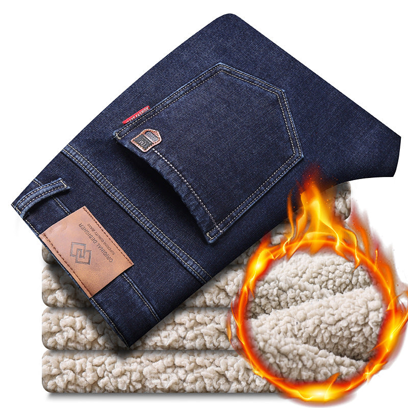 Regular fleece lamb comfortable pants men's business stretch slim straight leg jeans men's style