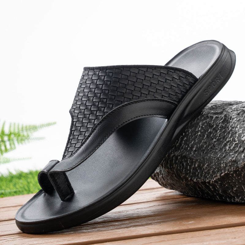 Woven Pattern Men's Slippers Summer Toe-Loop Slip-On Non-Slip Beach