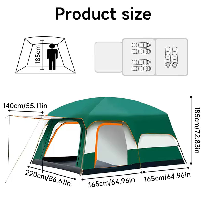 Tente de camping familiale tunnel à double couche, 2 chambres, pour 3 à 12 personnes – Imperméable, coupe-vent et résistante aux UV