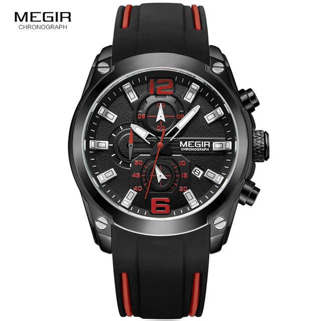 Megir Men's Chronograph Analog Quartz Watch with Date, Luminous Hands, Waterproof Silicone Strap