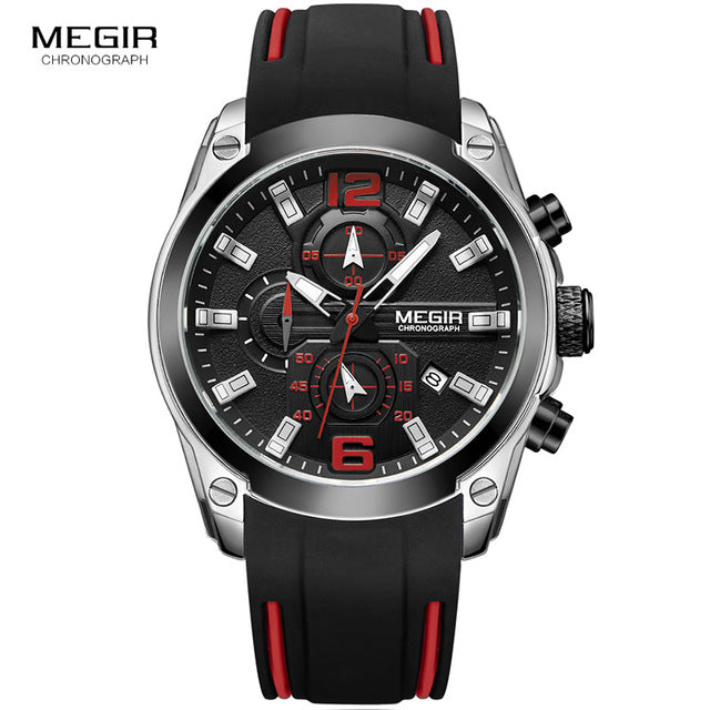 Megir Men's Chronograph Analog Quartz Watch with Date, Luminous Hands, Waterproof Silicone Strap