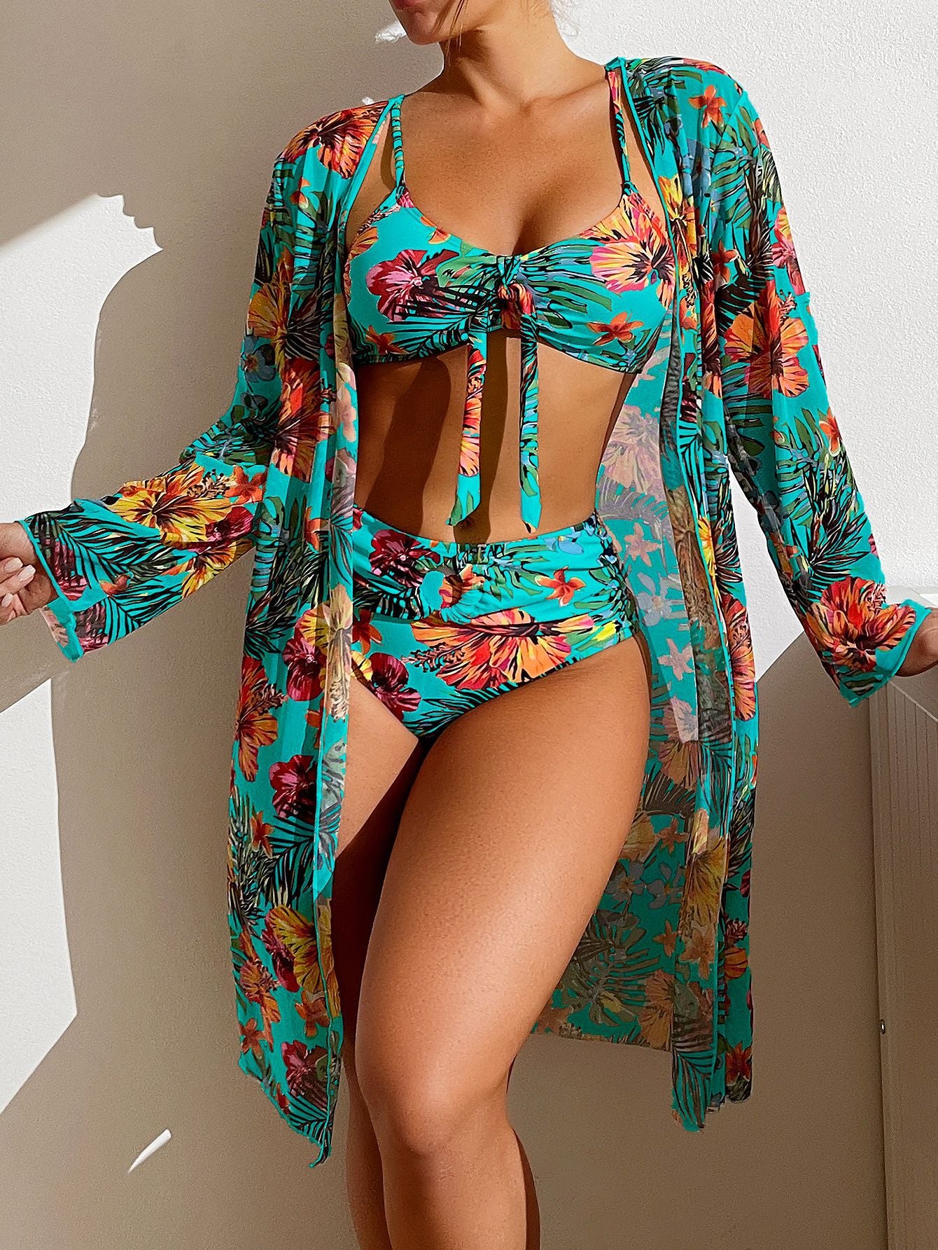 Maillot de bain trois pièces imprimé bikini long fendue pour femmes