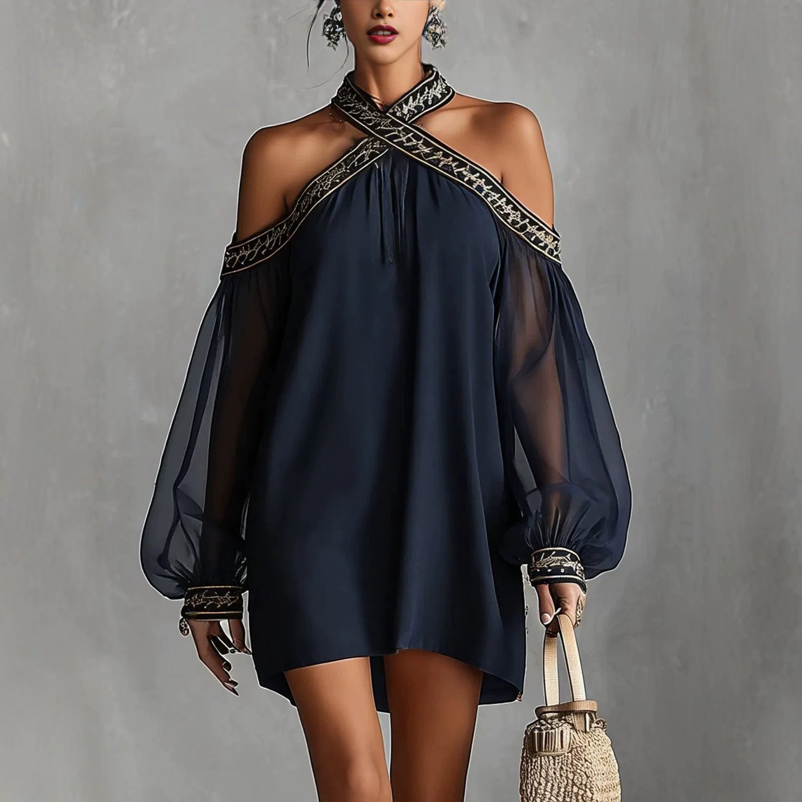 Robe sans bretelles brodée – Manches lanternes transparentes, épaules dénudées, coupe ample et affinante, style resort