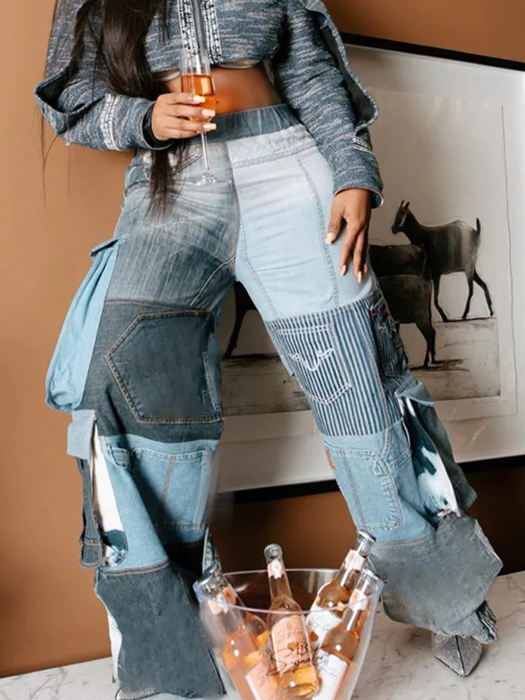 Pantalon femme tendance – taille haute, poches 3D, patchwork bicolore, large