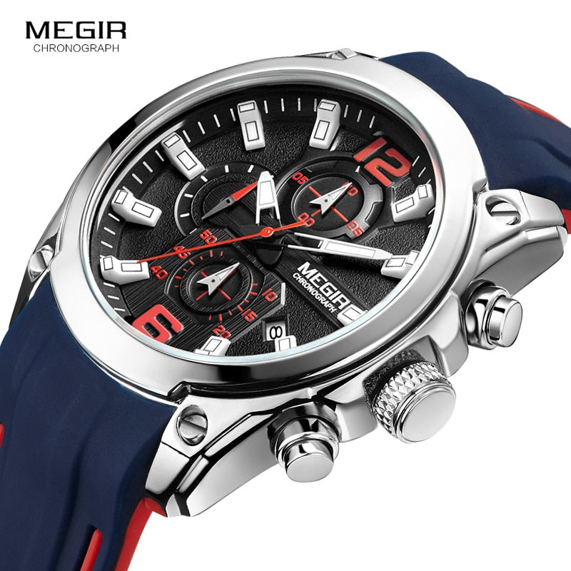 Megir Men's Chronograph Analog Quartz Watch with Date, Luminous Hands, Waterproof Silicone Strap
