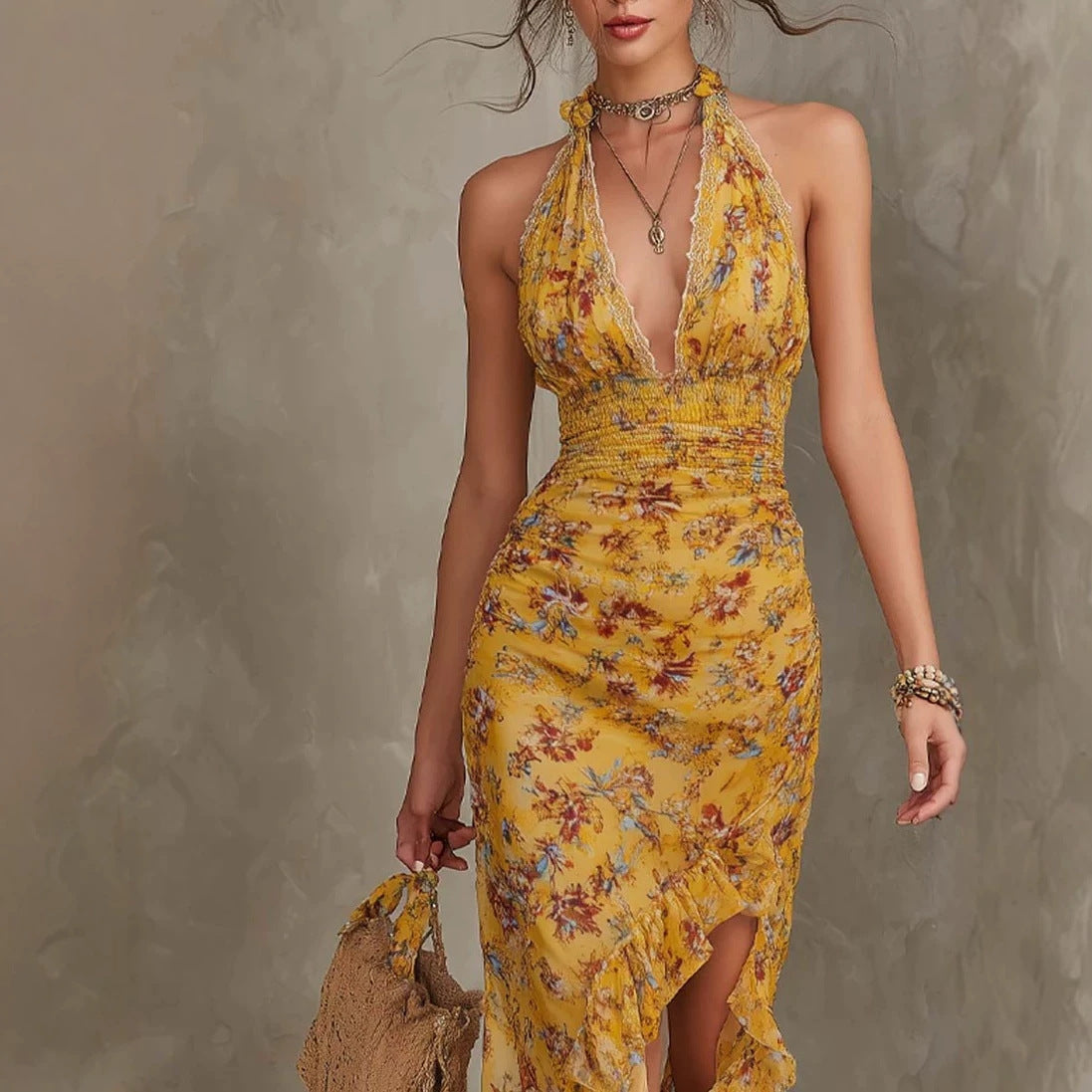 Robe française vintage jaune à fleurs – Encolure haltère, décolleté plongeant, taille ceinturée, fente, volants, coupe affinante et élégante