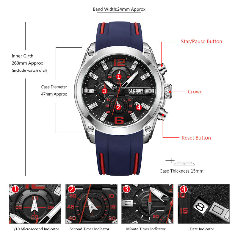 Megir Men's Chronograph Analog Quartz Watch with Date, Luminous Hands, Waterproof Silicone Strap