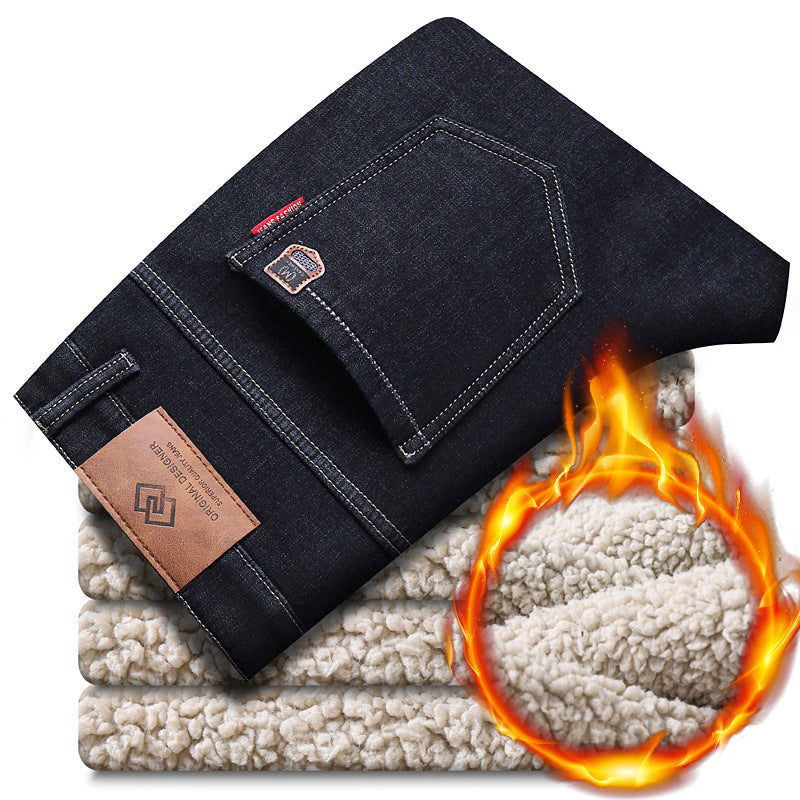 Regular fleece lamb fleece fleece non zip comfortable pants men's business stretch slim straight leg jeans men's style