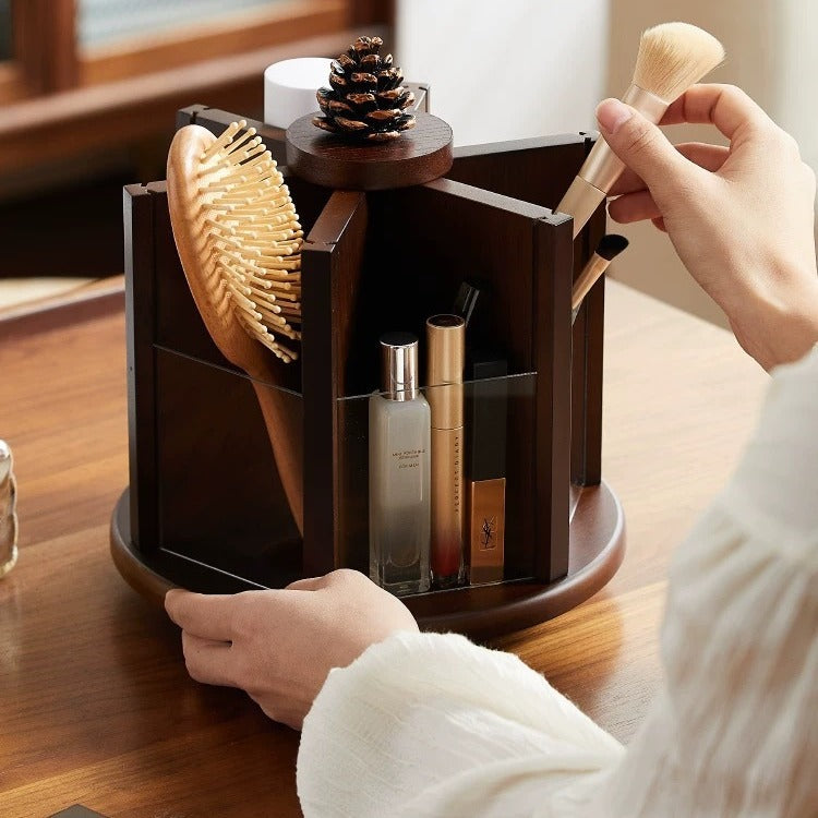 Boîte de rangement en noyer élégante et rétro, organisateur rotatif de cosmétiques et de soins de la peau