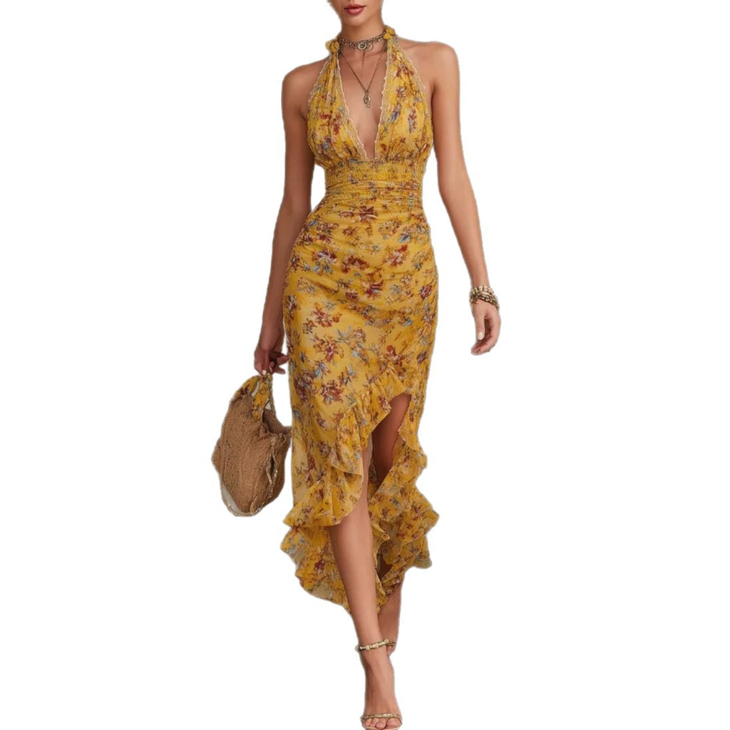 Robe française vintage jaune à fleurs – Encolure haltère, décolleté plongeant, taille ceinturée, fente, volants, coupe affinante et élégante