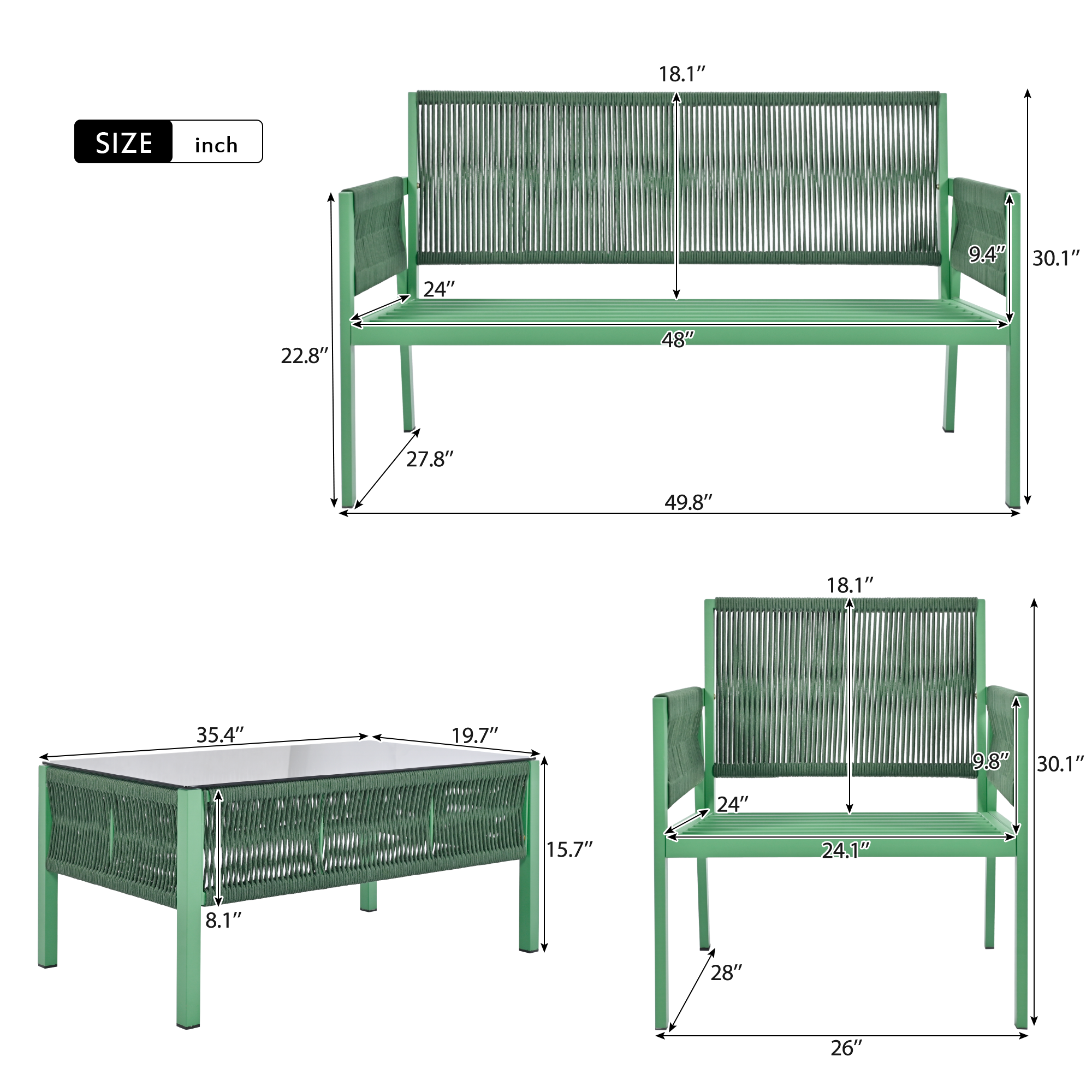 Outdoor Furniture with Tempered Glass Table,  Set Deep Seating with Thick Cushion  (Fluorescent Yellow & Green)