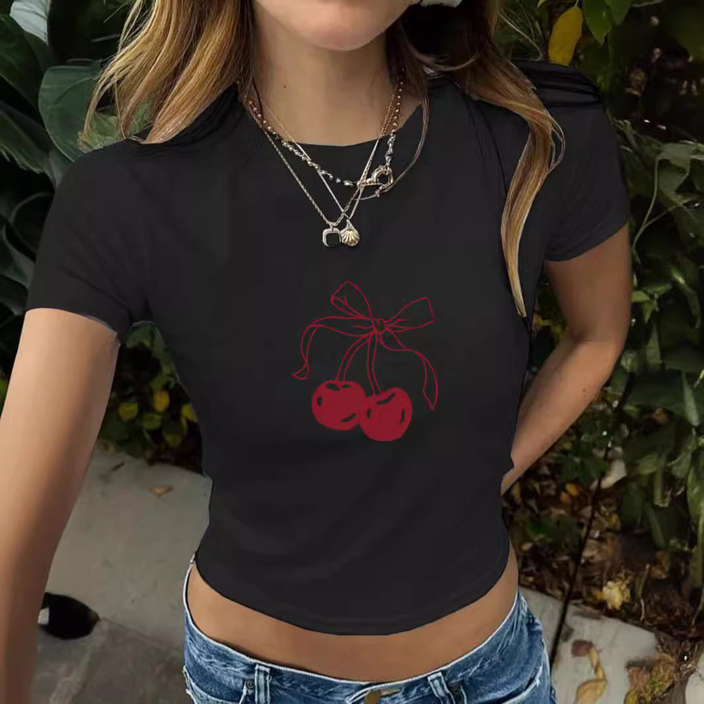 Round neck short cherry short sleeved shirt