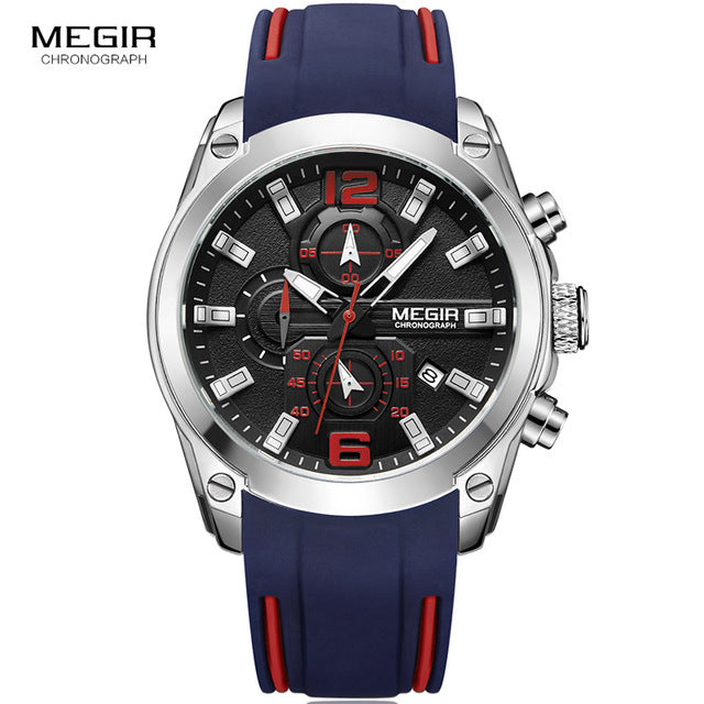 Megir Men's Chronograph Analog Quartz Watch with Date, Luminous Hands, Waterproof Silicone Strap