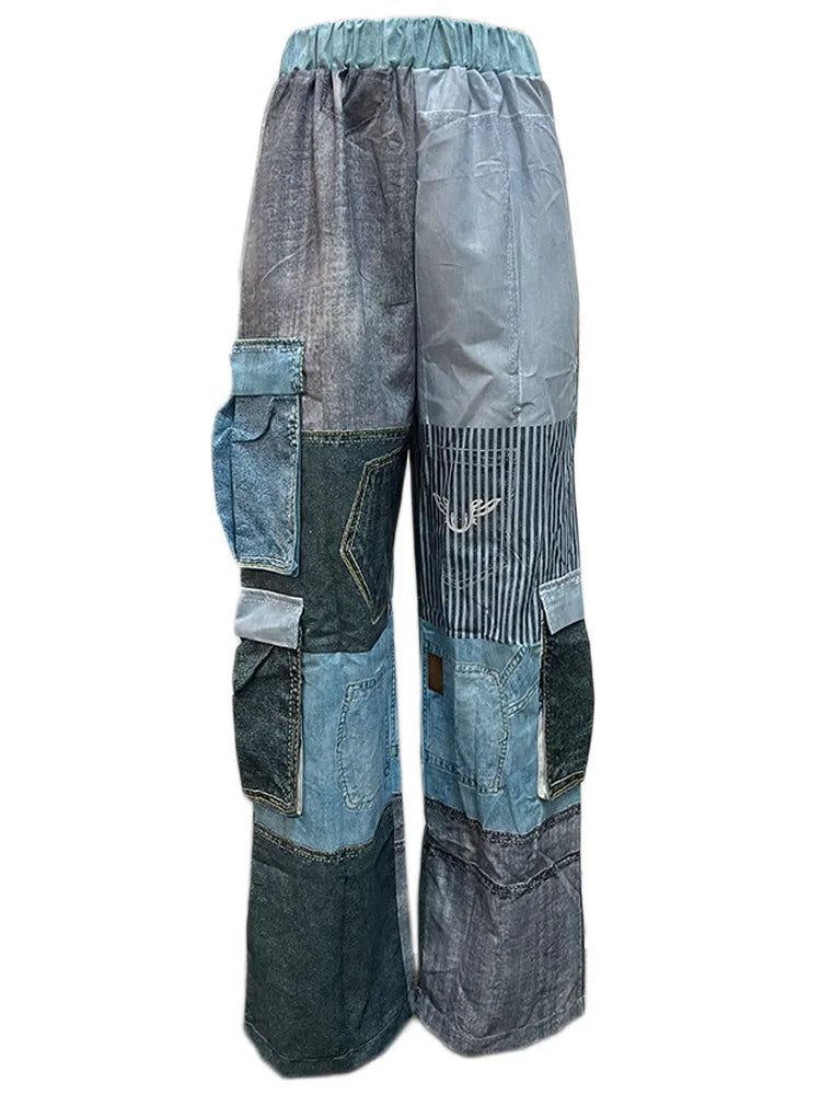 Fashion Women's Pants High Waist 3D Pockets Contrast Color Patchwork Wide Leg