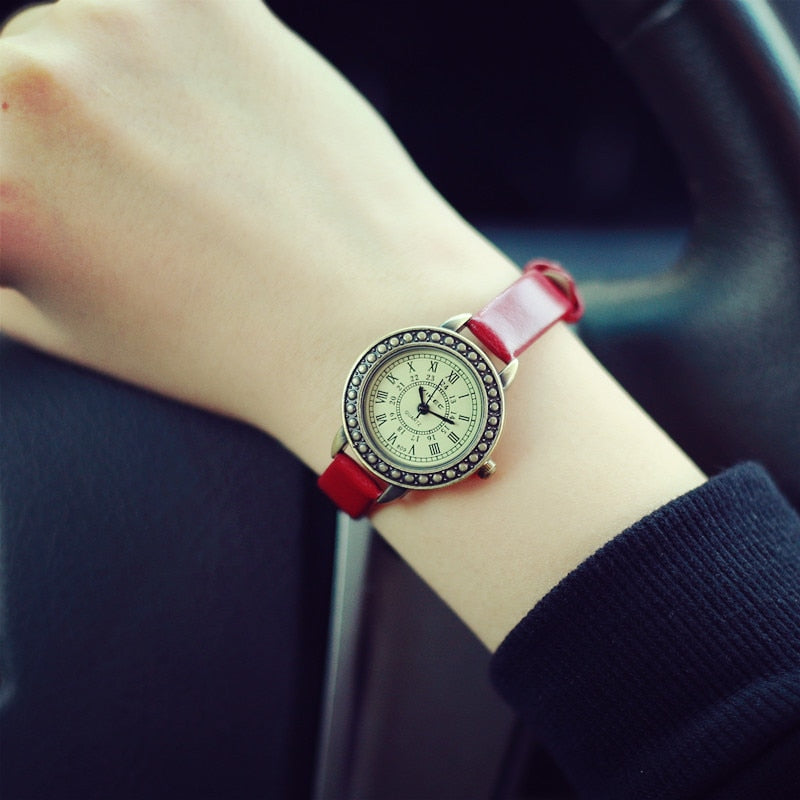 Ladies vintage leather watch brown retro roma quartz