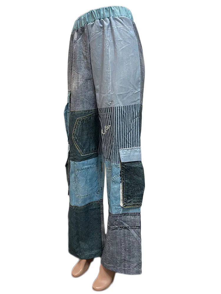 Pantalon femme tendance – taille haute, poches 3D, patchwork bicolore, large