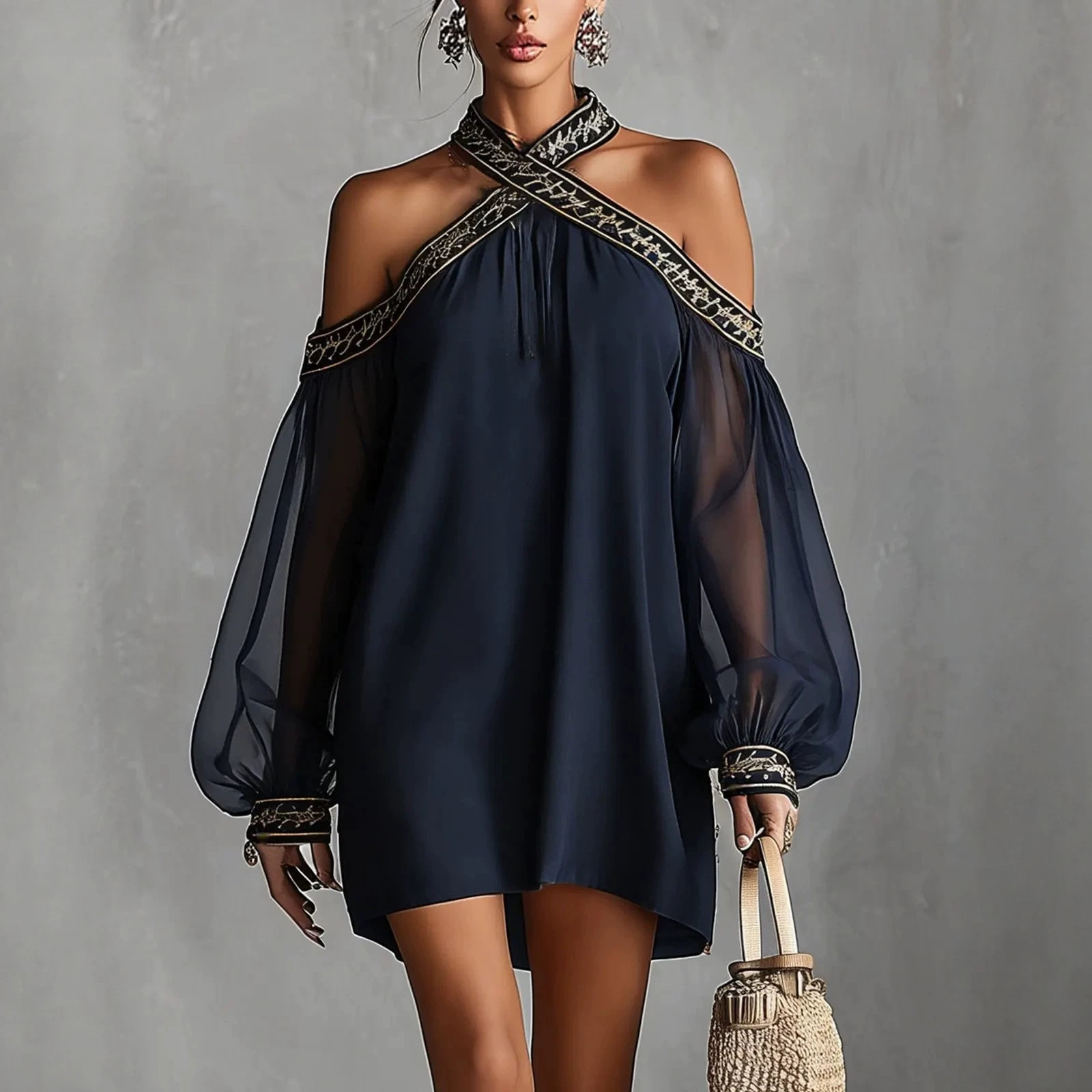 Robe sans bretelles brodée – Manches lanternes transparentes, épaules dénudées, coupe ample et affinante, style resort