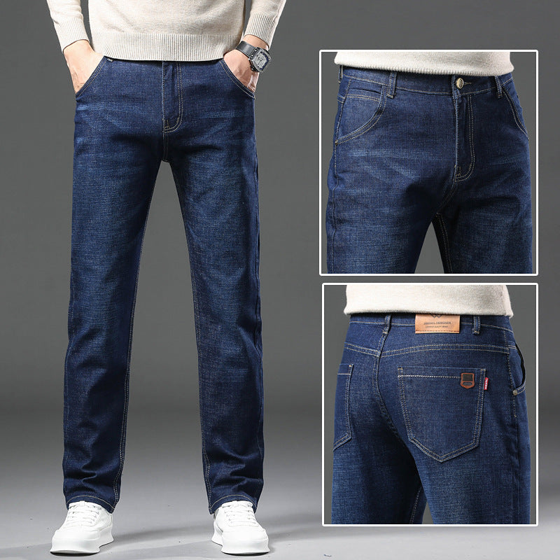 Regular fleece lamb comfortable pants men's business stretch slim straight leg jeans men's style