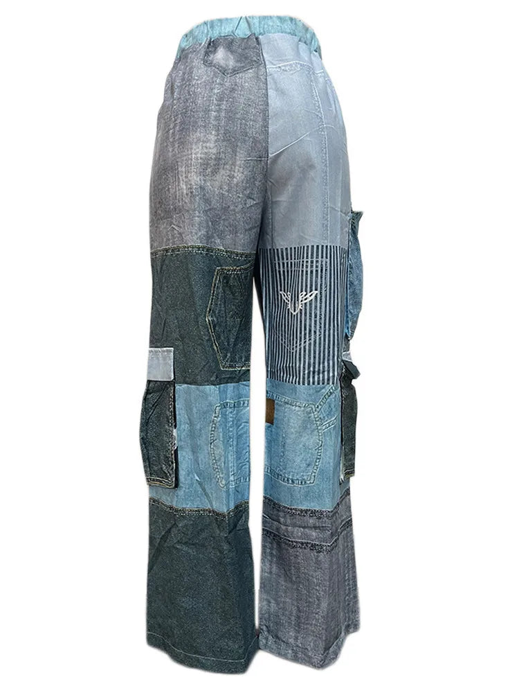 Fashion Women's Pants High Waist 3D Pockets Contrast Color Patchwork Wide Leg