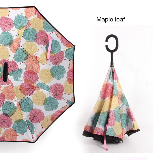 C Handle Windproof Reverse Folding Umbrella Man Women Sun Rain Car Inverted Umbrellas