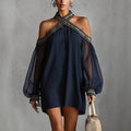Fashion Design Embroidered Strapless Dress with Off-Shoulder Sheer Lantern Sleeve Loose Slimming Resort Style