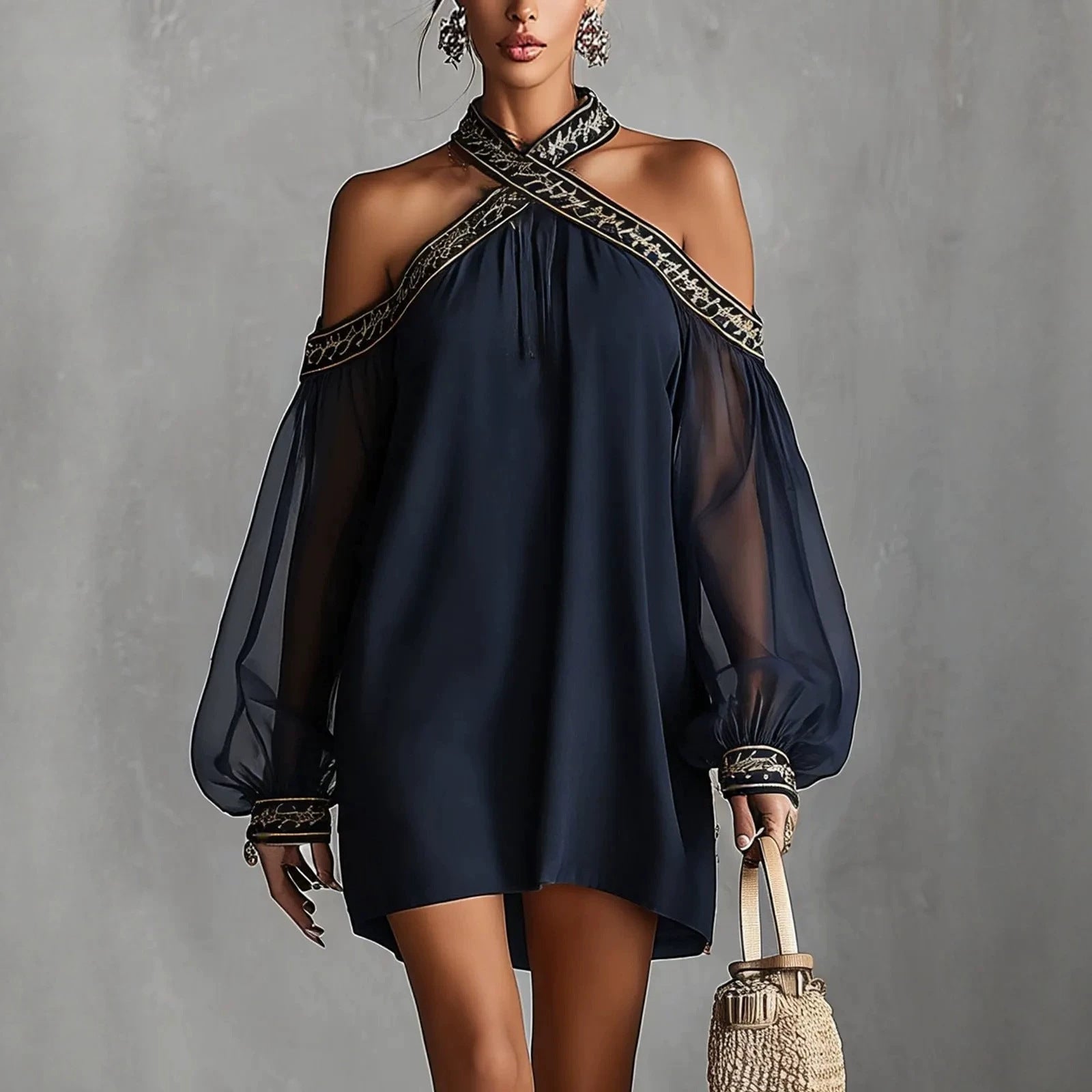 Robe sans bretelles brodée – Manches lanternes transparentes, épaules dénudées, coupe ample et affinante, style resort
