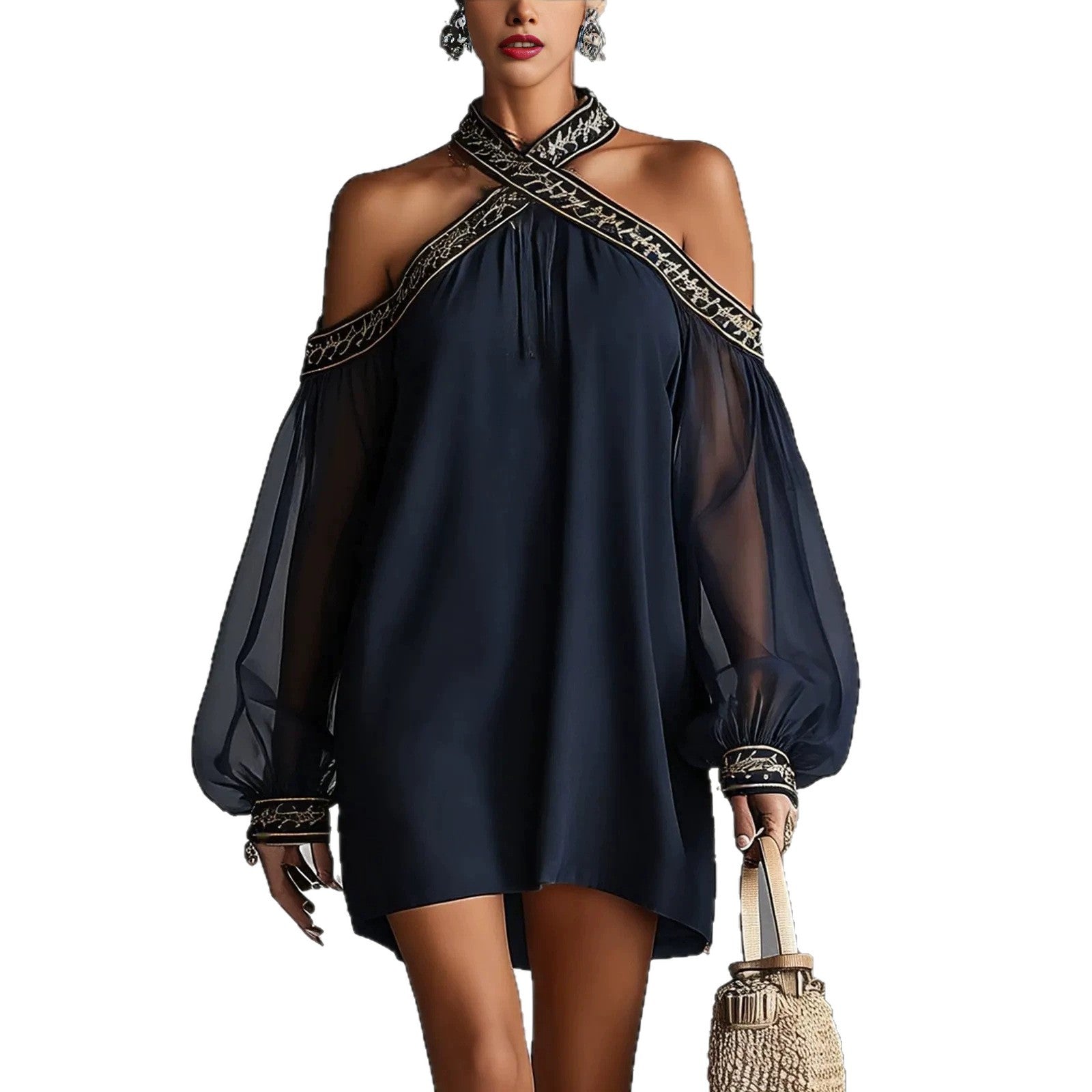 Robe sans bretelles brodée – Manches lanternes transparentes, épaules dénudées, coupe ample et affinante, style resort